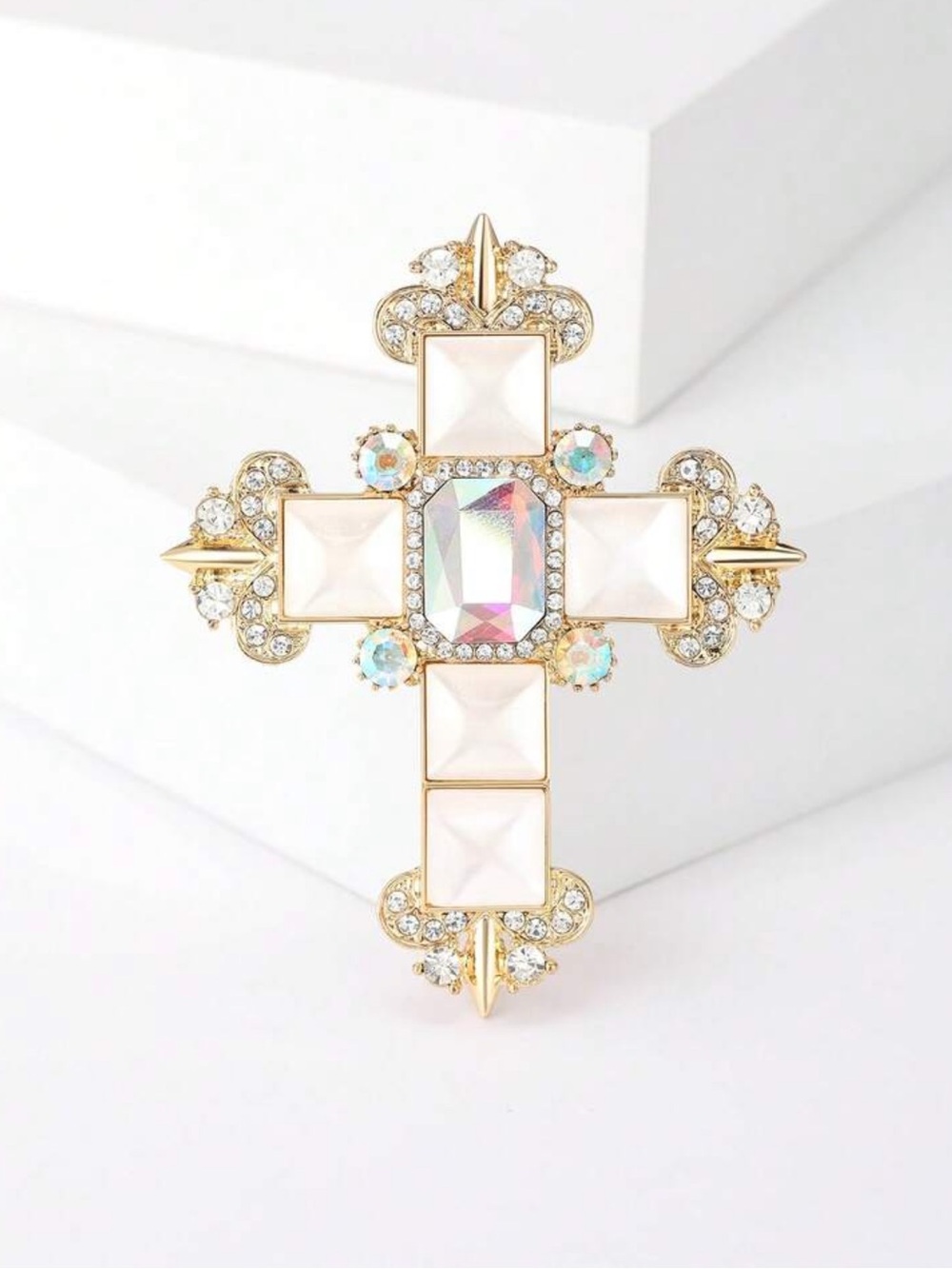 Elegant Gold Cross Brooch with Pearl-White and Aurora Crystal Accents